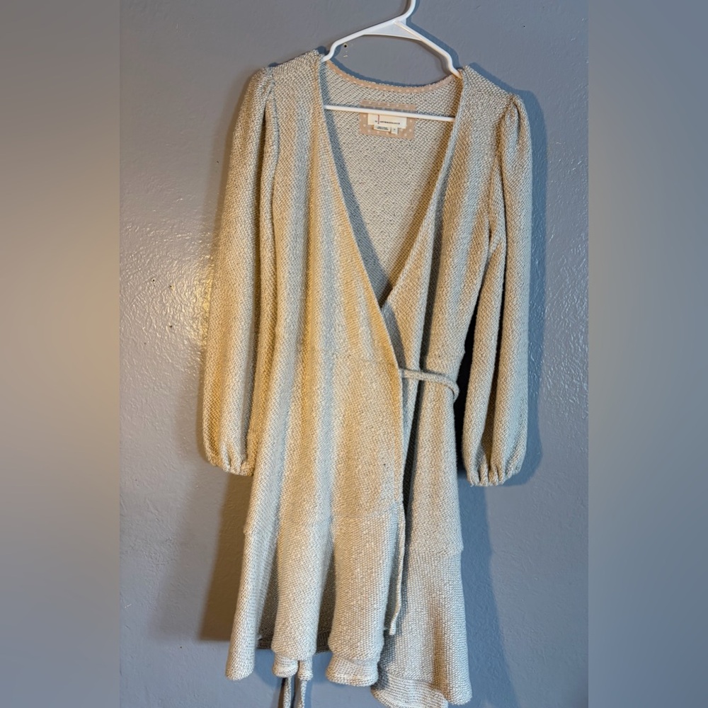 Anthropologie Diana Beige Knit Sweater wrap dress. Bell sleeves. SZ S